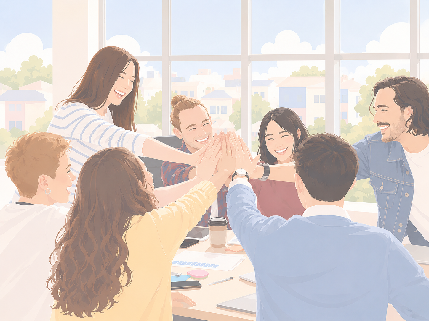 Team celebrating progress in a bright workplace