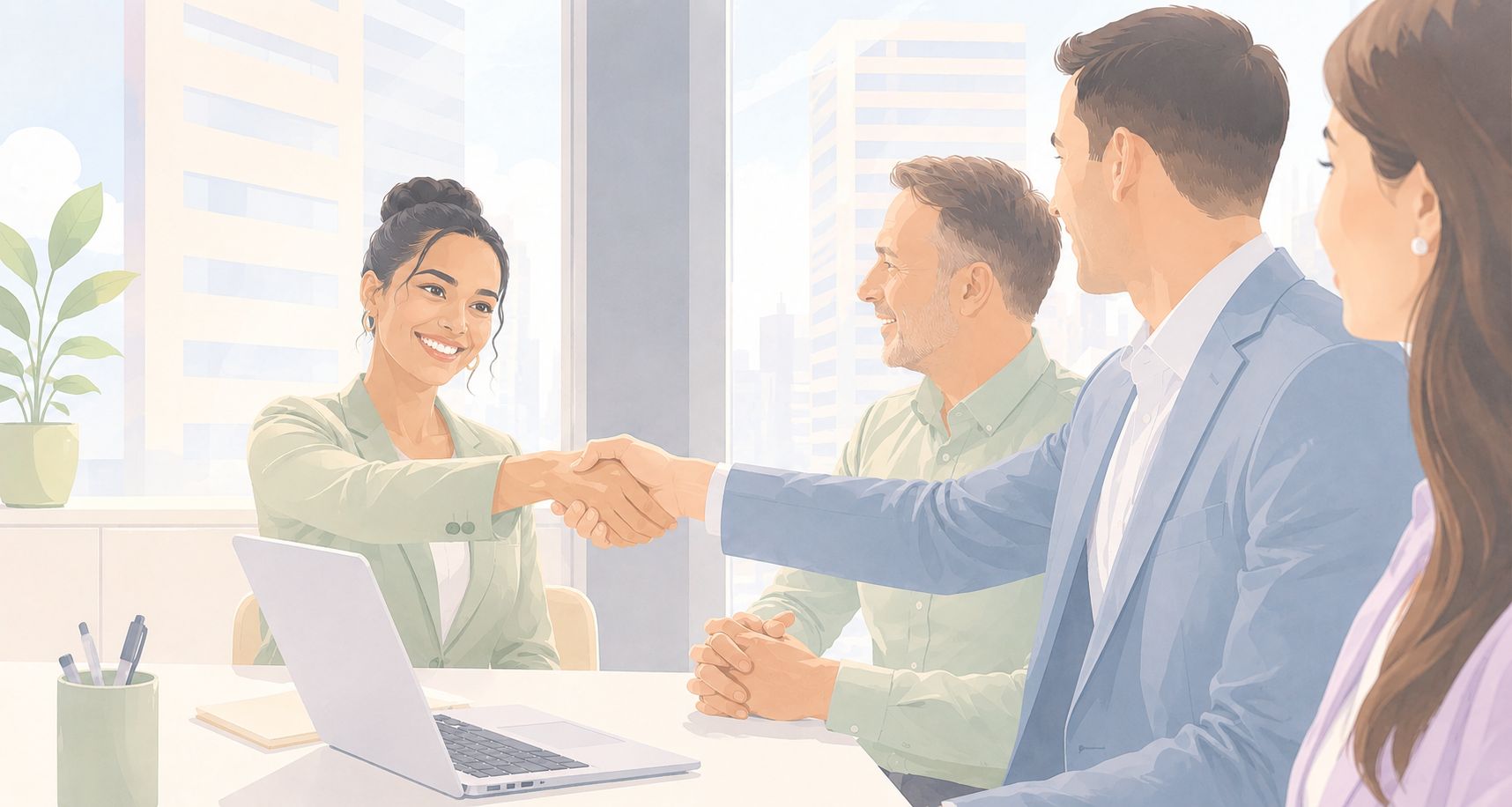 Professionals welcoming a new hire with a handshake during an onboarding meeting
